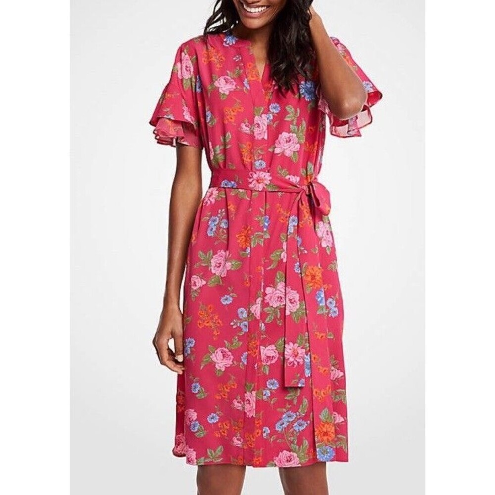 Ann Taylor Baja Rose Island Floral Flutter Sleeve Shirtdress Extra Small